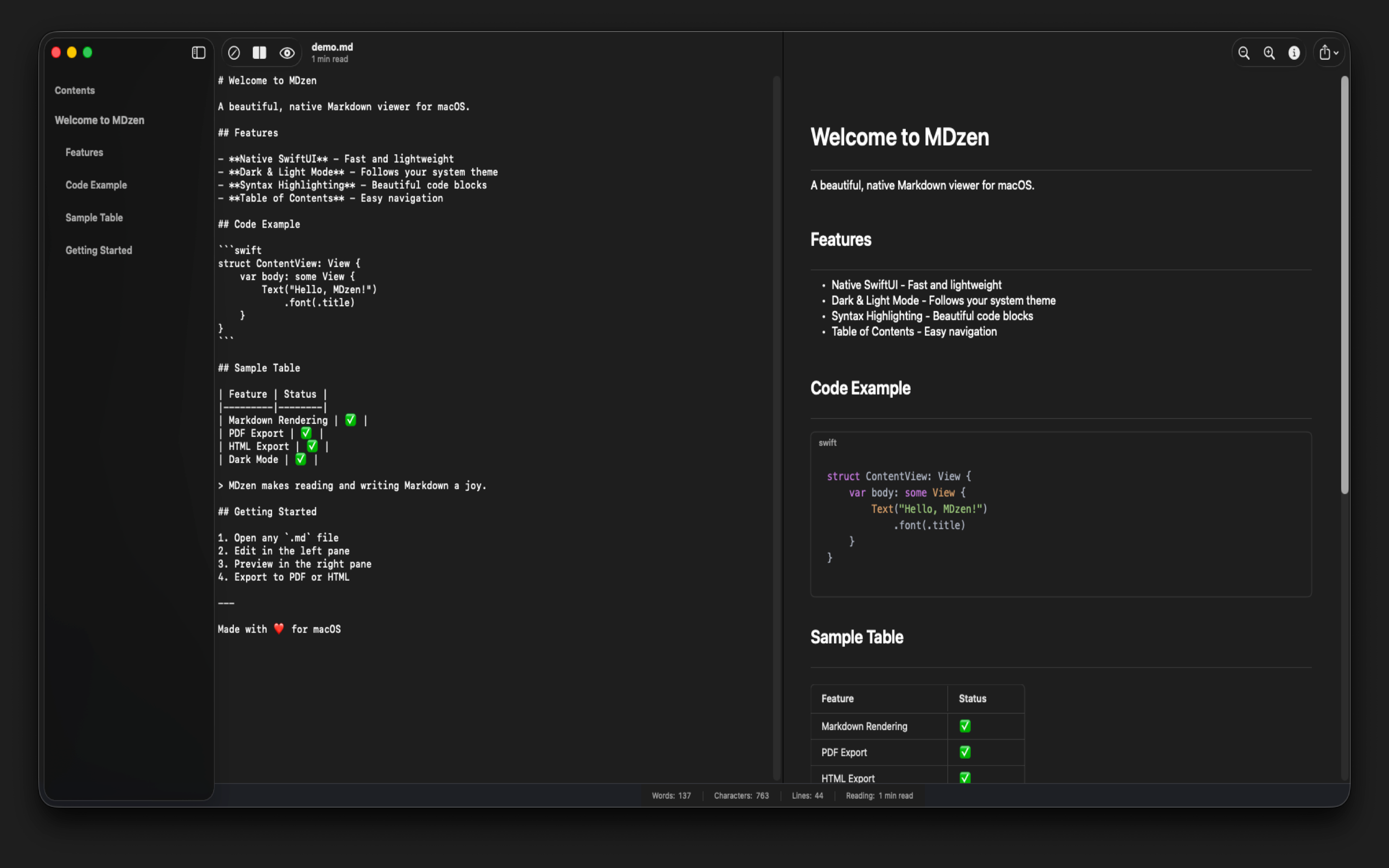 MDzen Screenshot - Split view with editor and preview